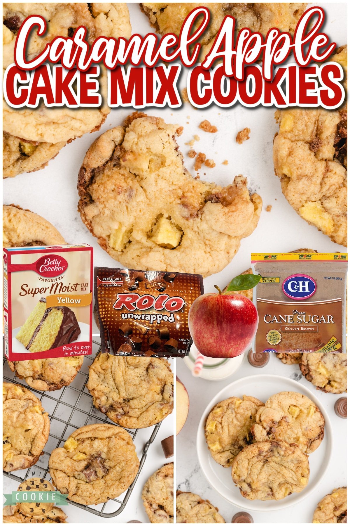 Caramel Apple Cake Mix Cookies are made with fresh apples, Rolo candies and a cake mix. Easy cake mix cookie recipe that is perfect for fall!