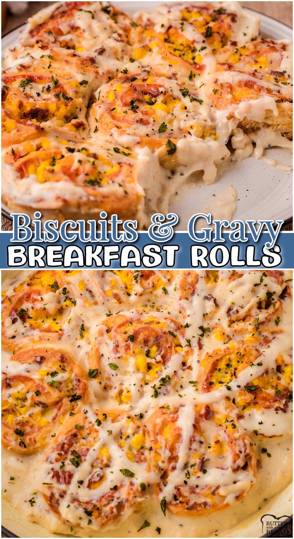 Biscuit & Gravy Breakfast Rolls baked with bacon, eggs and cheese, then topped with a creamy, savory gravy for the ultimate breakfast! 