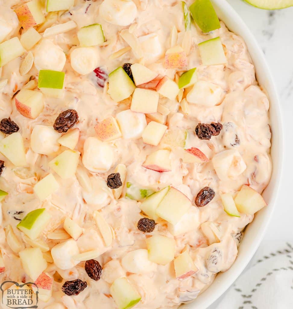 butterscotch apple salad with raisins and almonds