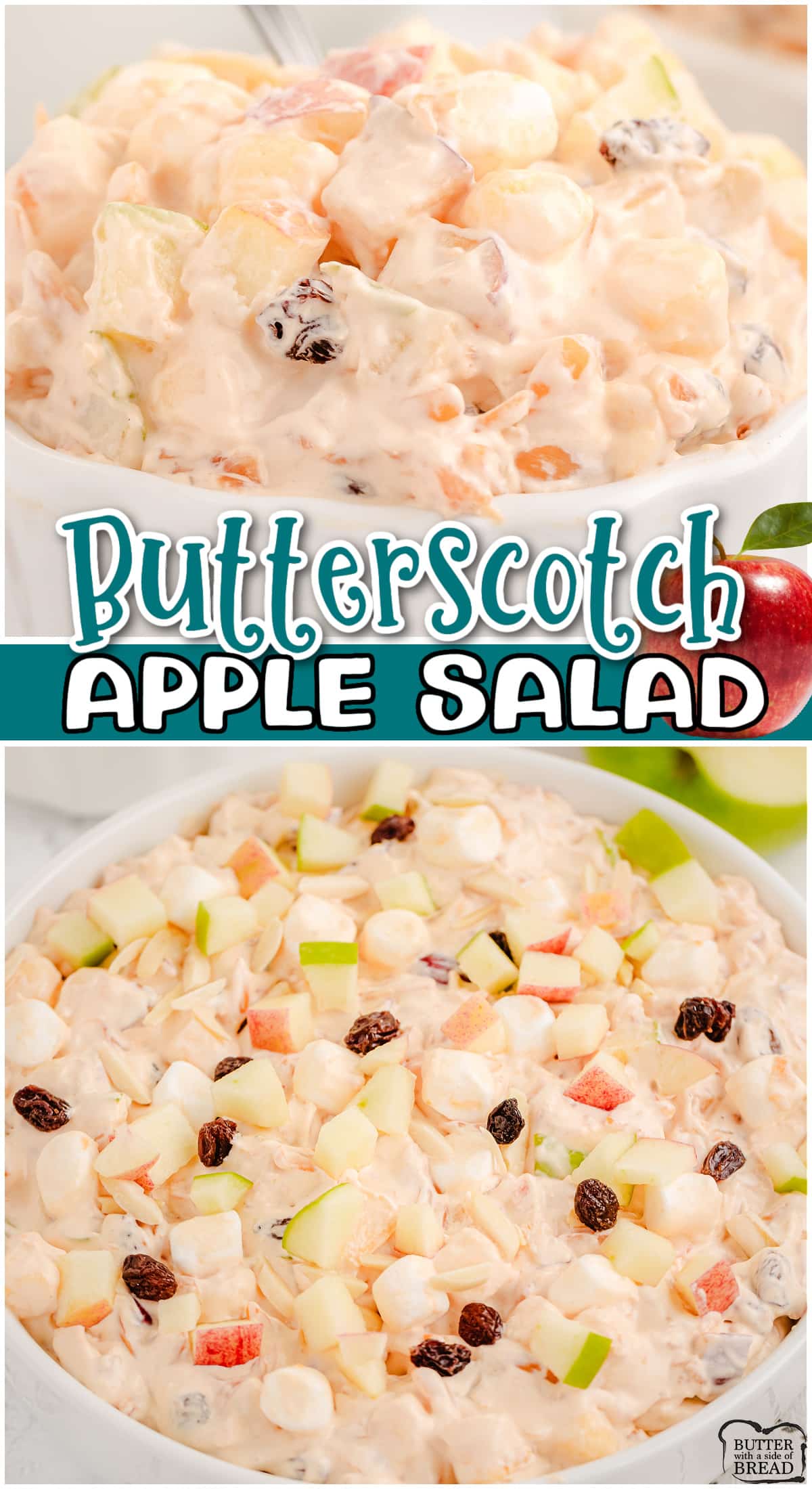 Butterscotch Apple Salad is a delightful sweet, creamy salad bursting with Fall flavors! Easy fruit salad made with crushed pineapple, butterscotch pudding mix, apples, raisins & almonds!
