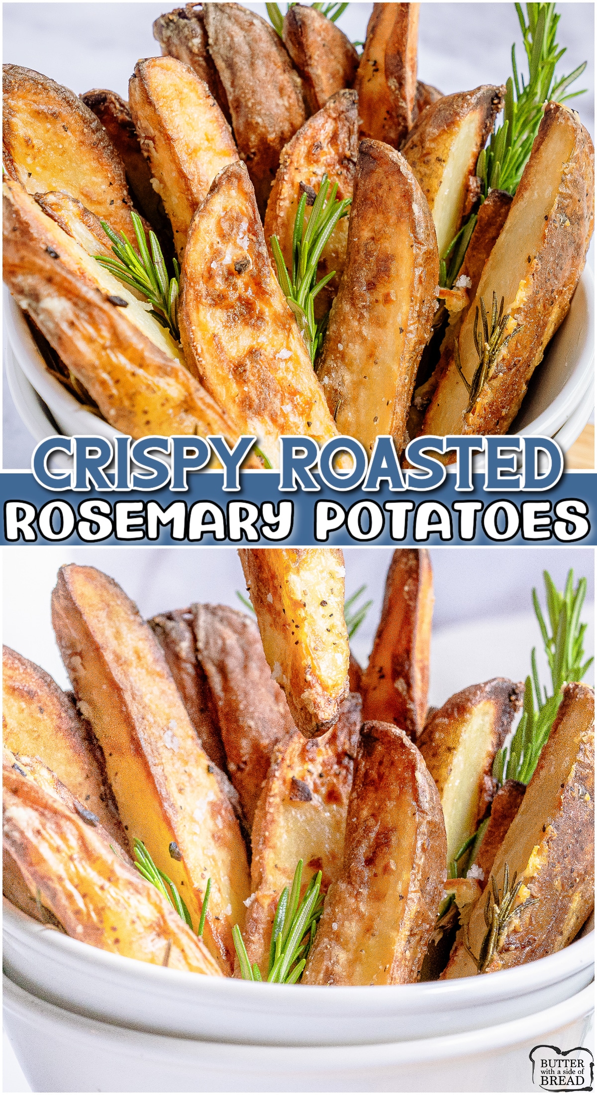 Crispy Roasted Rosemary Potatoes made with simple ingredients & are the perfect potato side dish!  These rosemary garlic potatoes are delicious and so easy to make in minutes!
