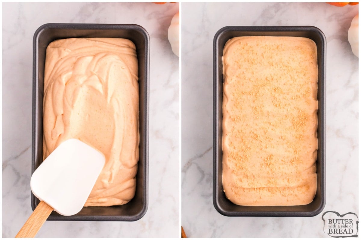 Freezing homemade pumpkin ice cream in a loaf pan