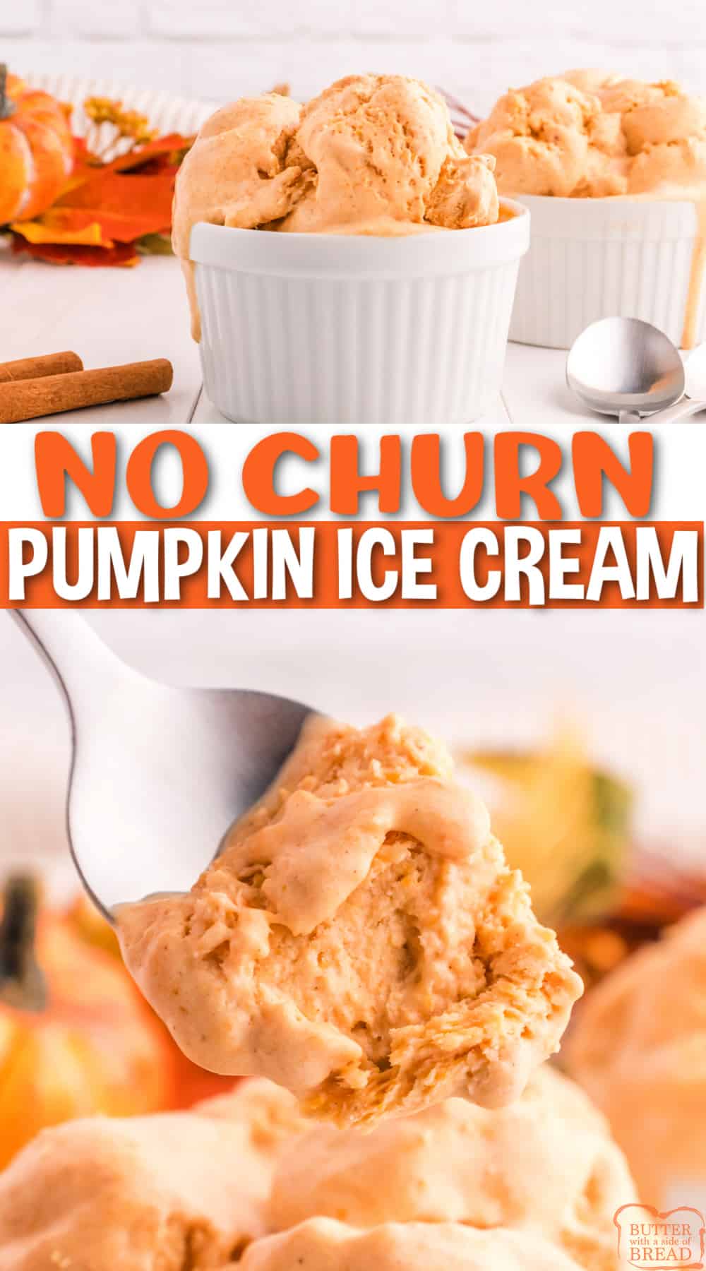 No Churn Pumpkin Ice Cream is made with canned pumpkin puree, maple syrup, pumpkin pie spice, and vanilla extract. Perfect ice cream recipe for fall - no ice cream maker needed!