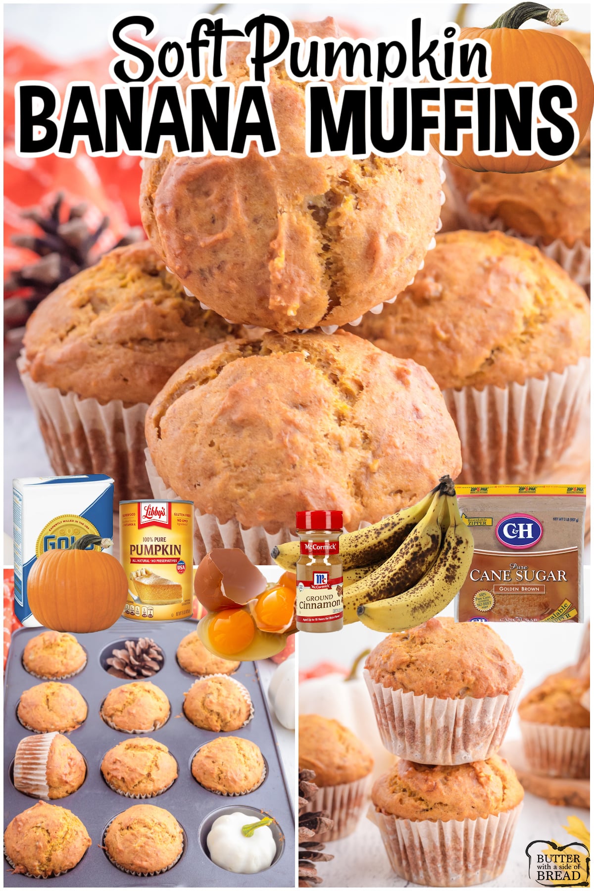Pumpkin Banana Muffins made with classic ingredients like pumpkin, mashed bananas, cinnamon, brown sugar & maple syrup! You'll love the fantastic flavors in these soft, moist banana bread muffins. 