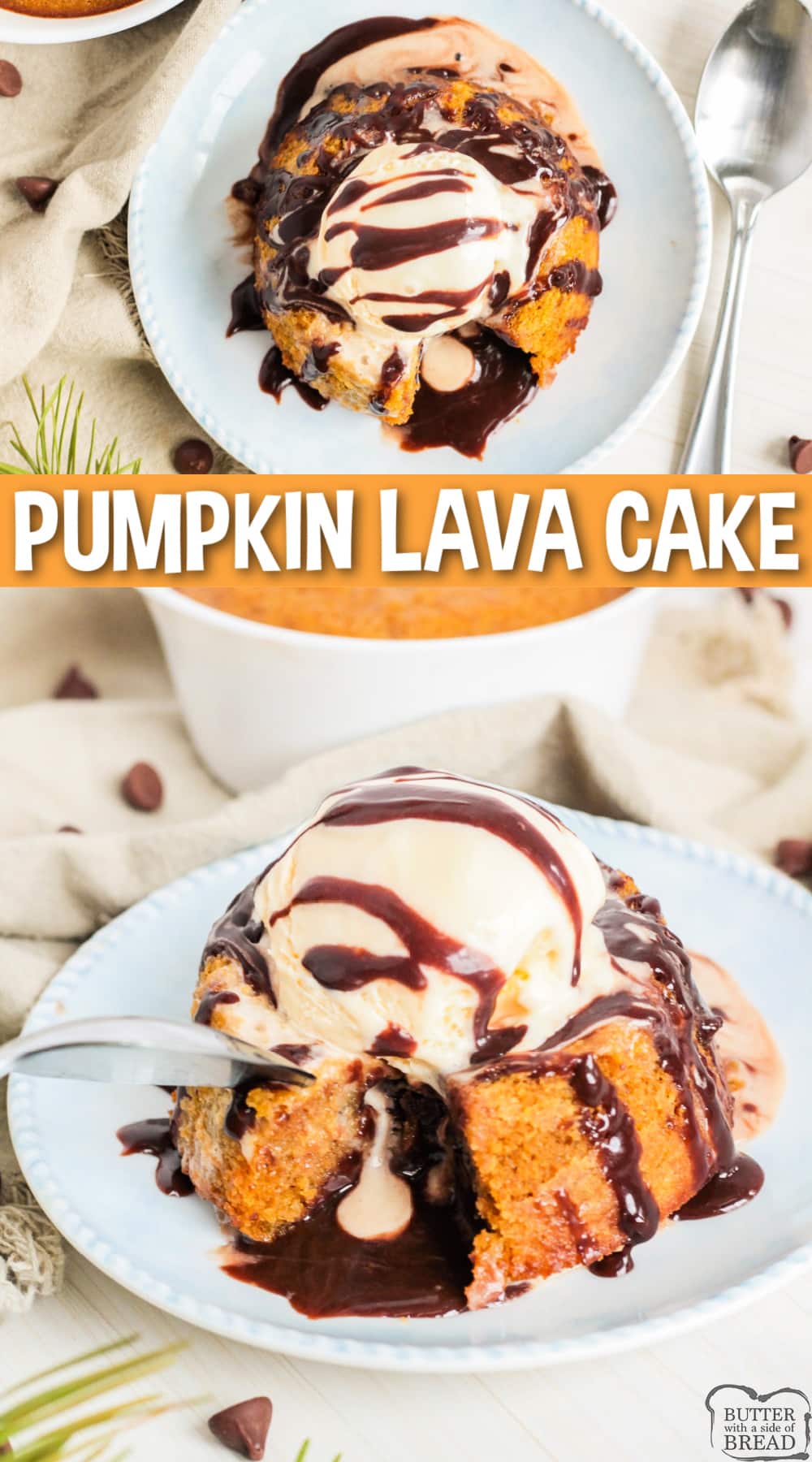 Pumpkin Lava Cake is a decadent pumpkin cake filled with a gooey chocolate ganache. Made completely from scratch, this pumpkin lava cake recipe is absolutely delicious!