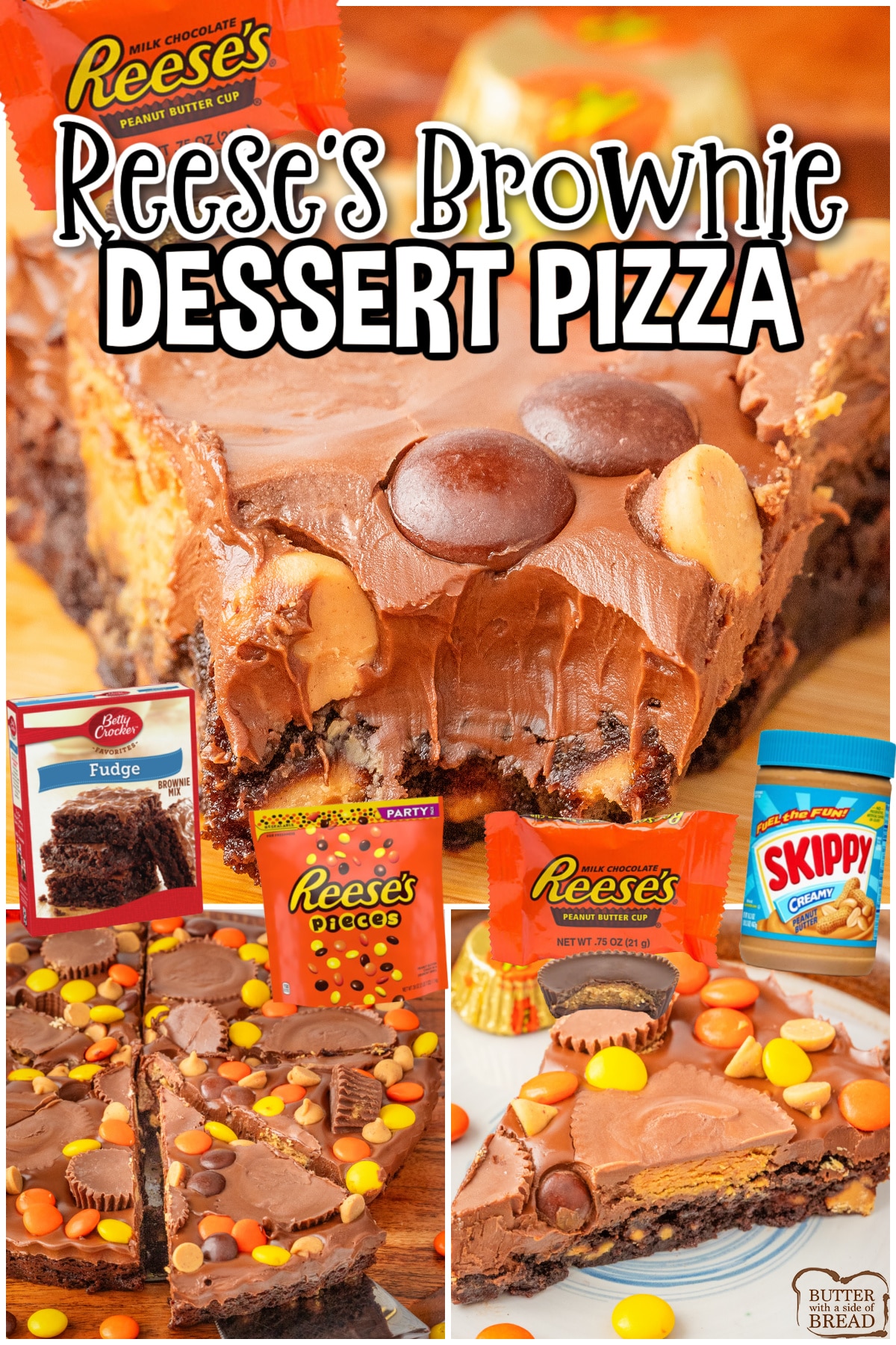 Reese’s Brownie Pizza is an indulgent Fall treat perfect for Halloween! Everyone loves these peanut butter brownies topped with a chocolate ganache & Reese's candies!