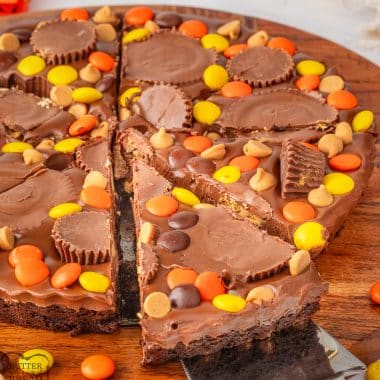 Reese's brownie pizza cut into triangles