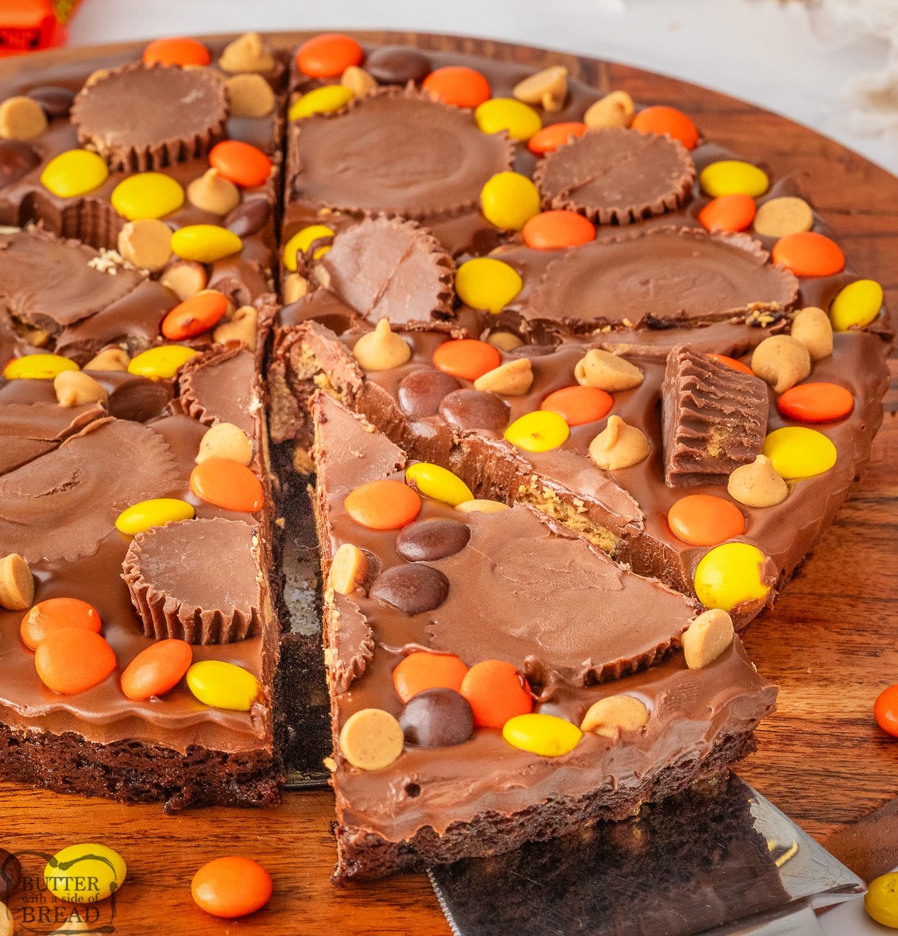 Reese's brownie pizza cut into triangles