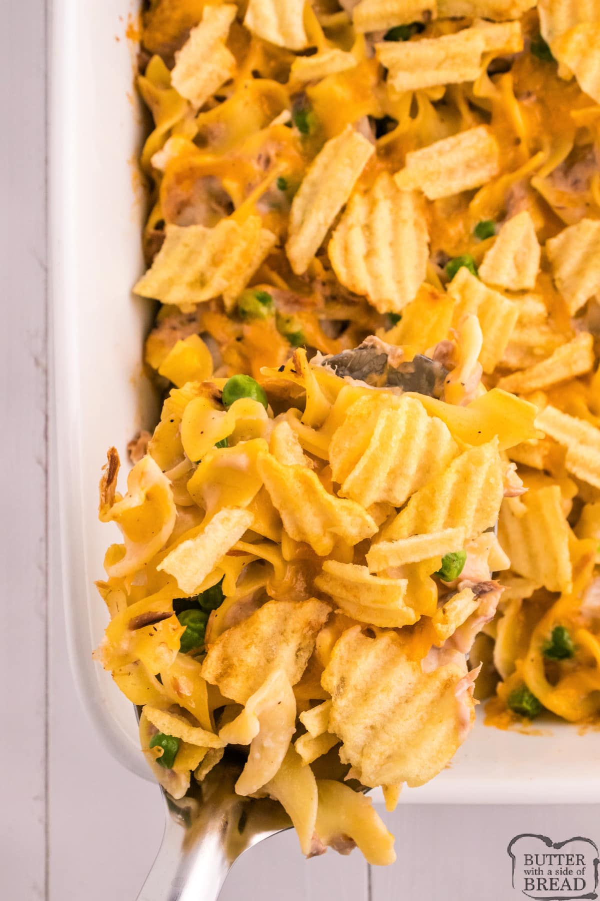 Tuna casserole with crushed potato chips on top