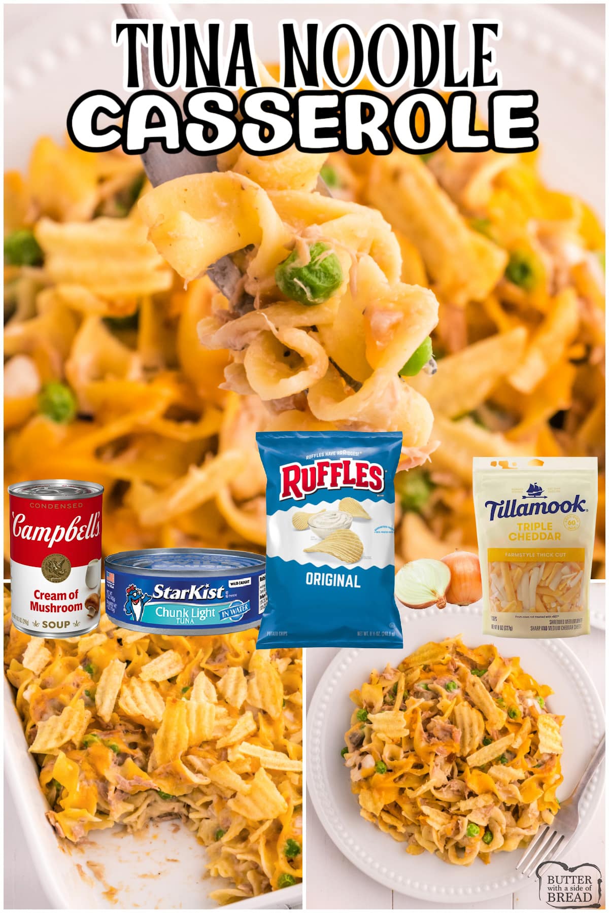 Tuna Noodle Casserole is the perfect comfort food recipe for a weekday dinner. This tuna casserole recipe is topped with cheese and crushed potato chips.