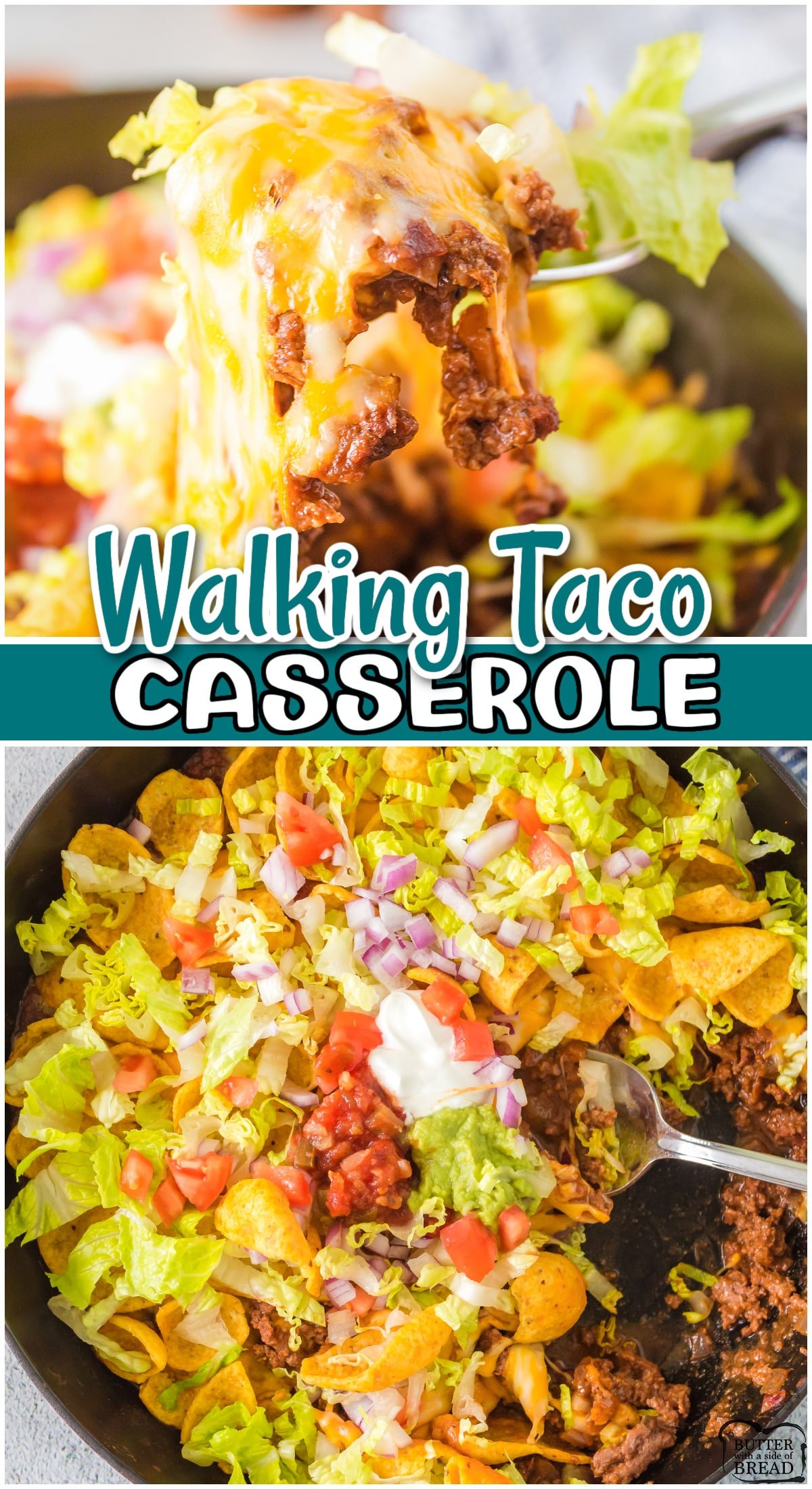 Walking Taco Casserole made with ground beef, salsa & taco seasoning topped with cheese, Fritos chips, lettuce tomato and guac! Scoop it, serve it & enjoy this fun taco casserole!
