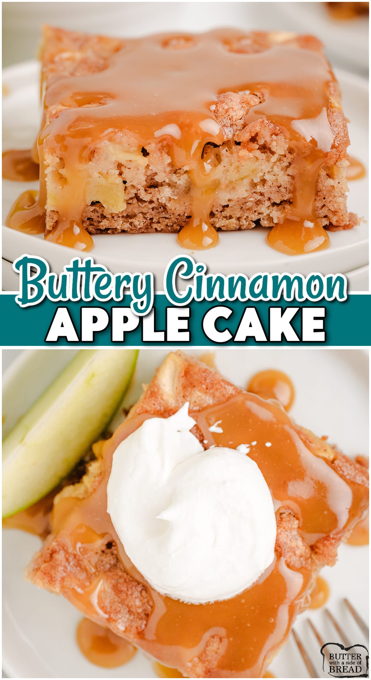 Buttery Apple Cake made with fresh apples & warm spices in a rich, buttery batter, then baked & topped with a simple caramel sauce! Perfect apple cake for Fall!