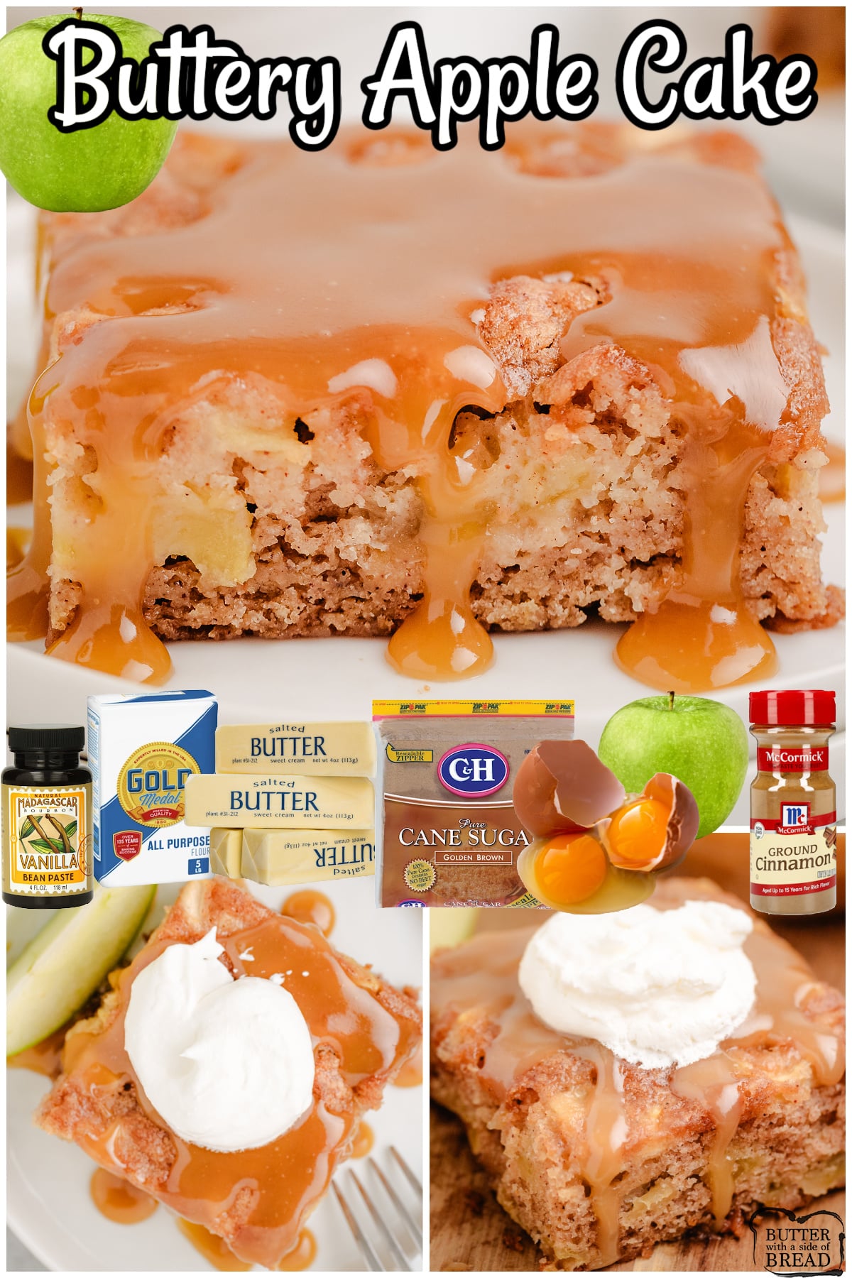 Buttery Apple Cake made with fresh apples & warm spices in a rich, buttery batter, then baked & topped with a simple caramel sauce! Perfect apple cake for Fall!