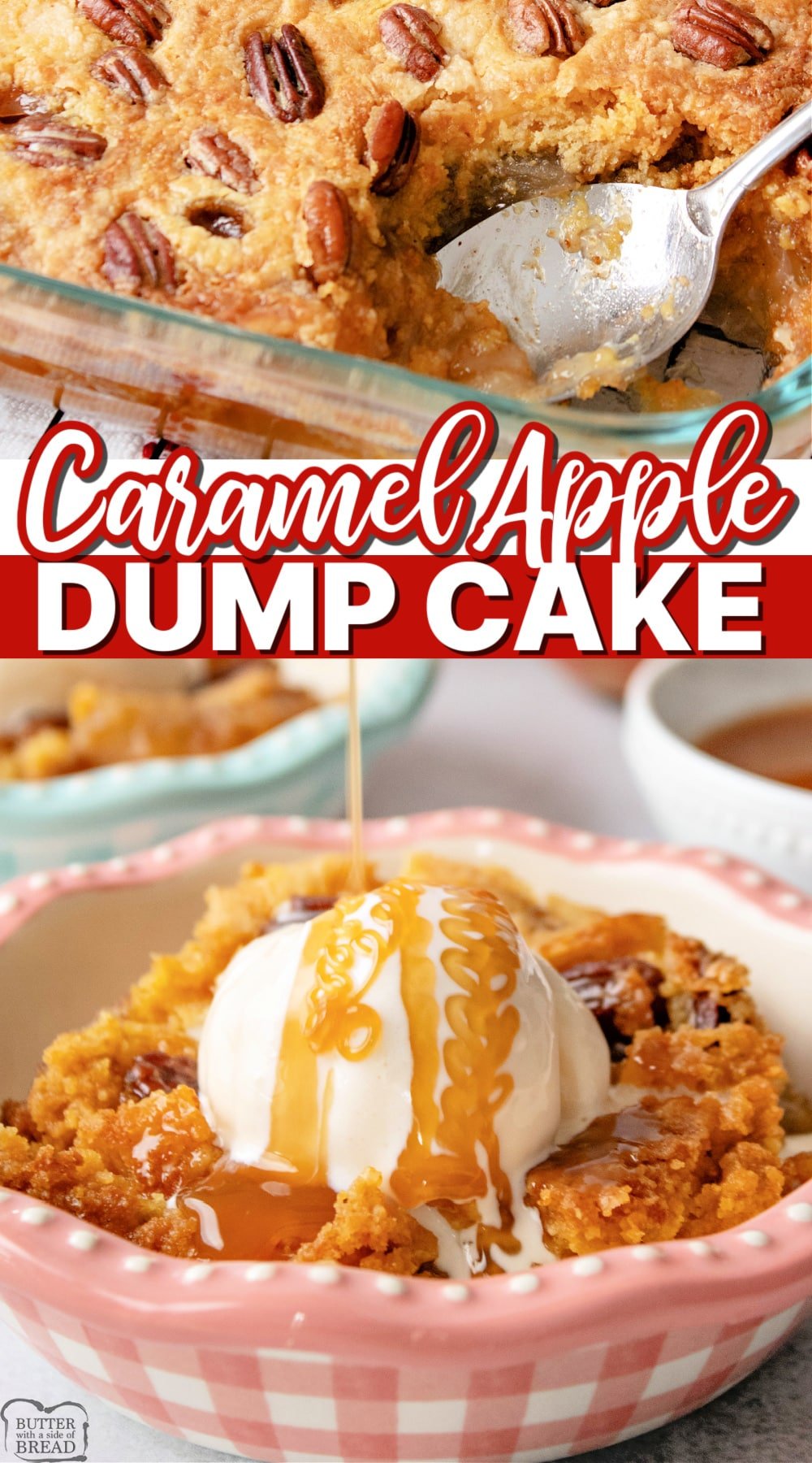 Caramel Apple Dump Cake made with only 6 ingredients! This simple dump cake recipe is made with a cake mix, butter, apple pie filling, caramel, cinnamon and pecans. Super easy dessert recipe that is perfect for fall!