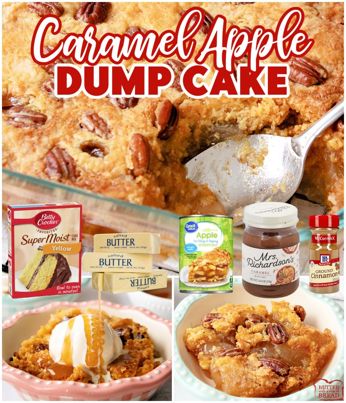 Caramel Apple Dump Cake made with only 6 ingredients! This simple dump cake recipe is made with a cake mix, butter, apple pie filling, caramel, cinnamon and pecans. Super easy dessert recipe that is perfect for fall!