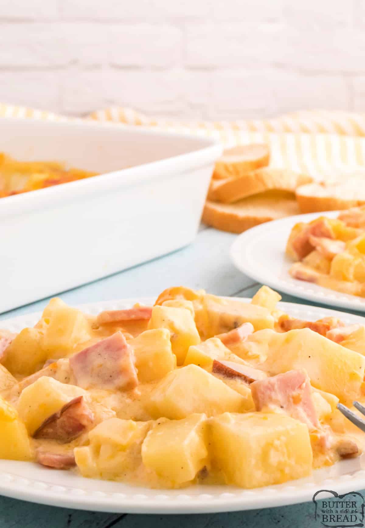 Potato casserole with ham and cheese.
