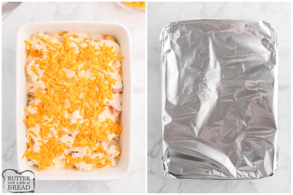 Cheese on casserole, then foil before baking. 