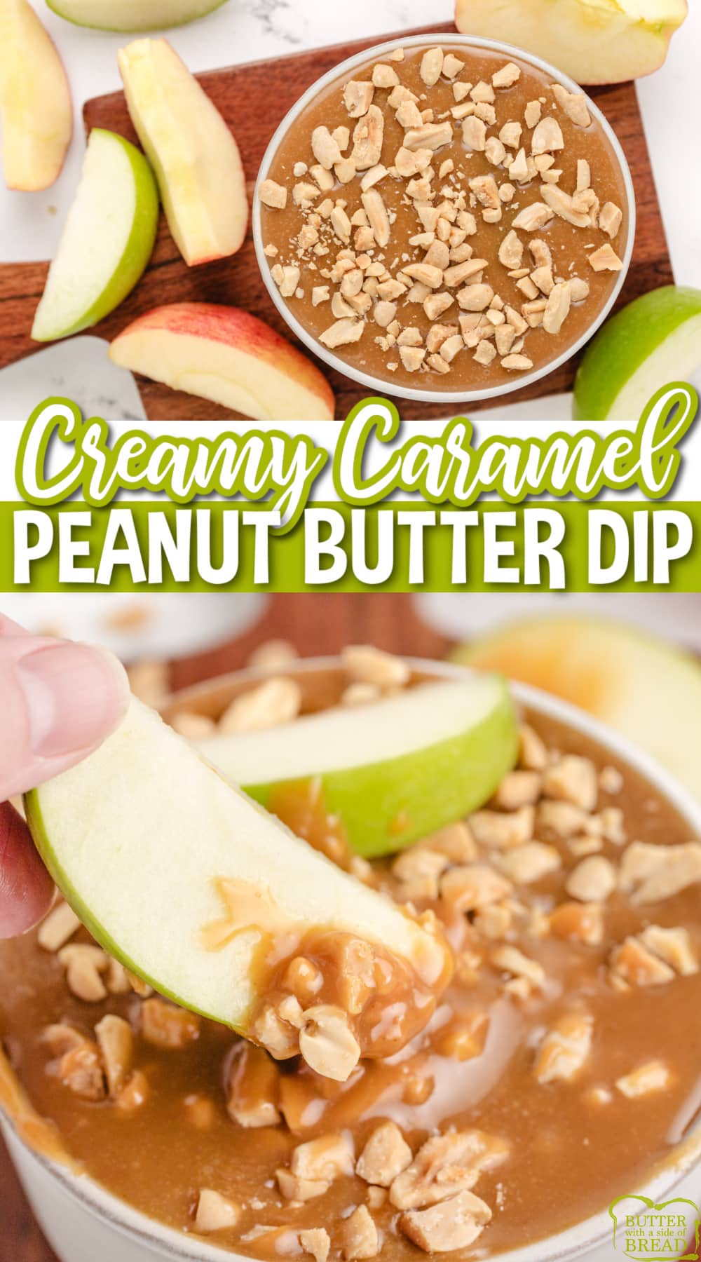 Caramel Peanut Butter Dip is made with 4 simple ingredients and is perfect for dipping apples. Made with melted caramels, milk, peanut butter, and chopped peanuts in less than 5 minutes!