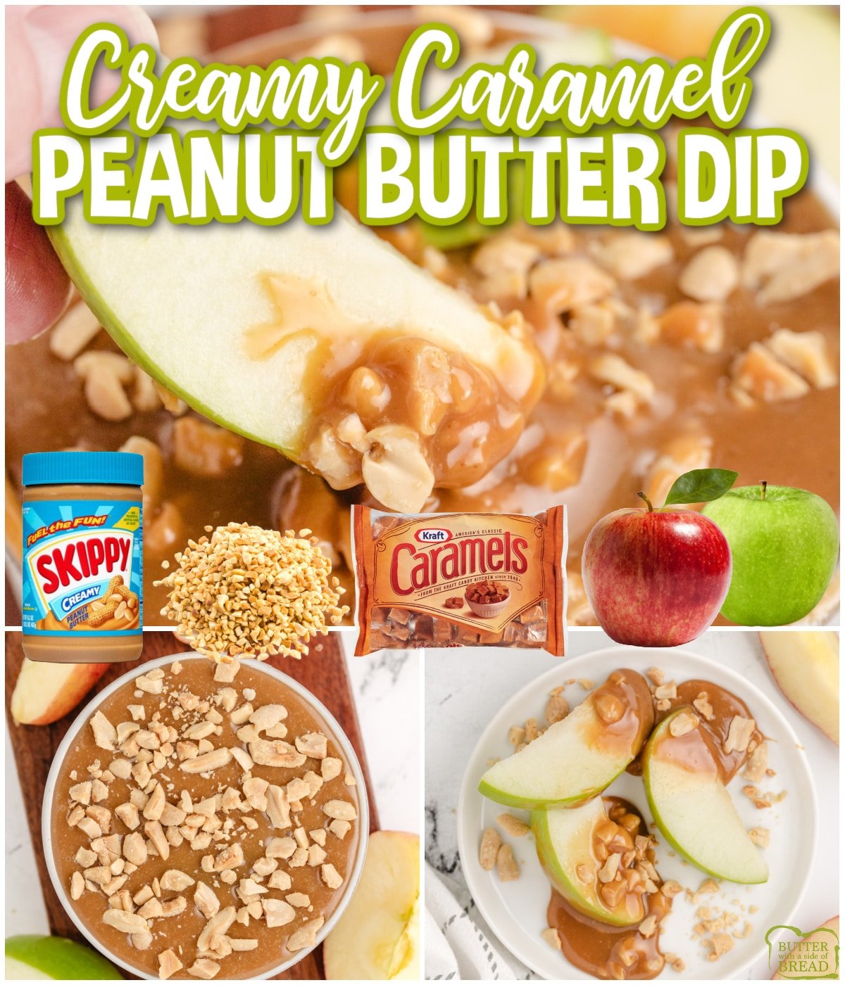 Caramel Peanut Butter Dip is made with 4 simple ingredients and is perfect for dipping apples. Made with melted caramels, milk, peanut butter, and chopped peanuts in less than 5 minutes!