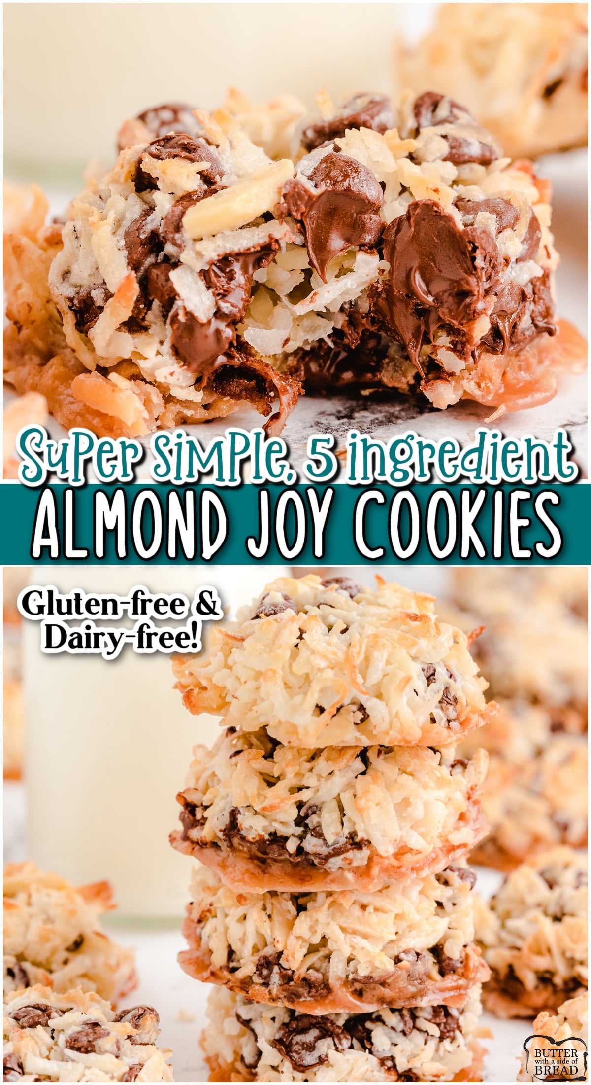 Easy 5 ingredient Almond Joy Cookies are everything you love about the popular candy bar, in cookie form! Simple chocolate coconut cookies made with coconut, sweetened condensed coconut milk, chocolate chips & almonds.
