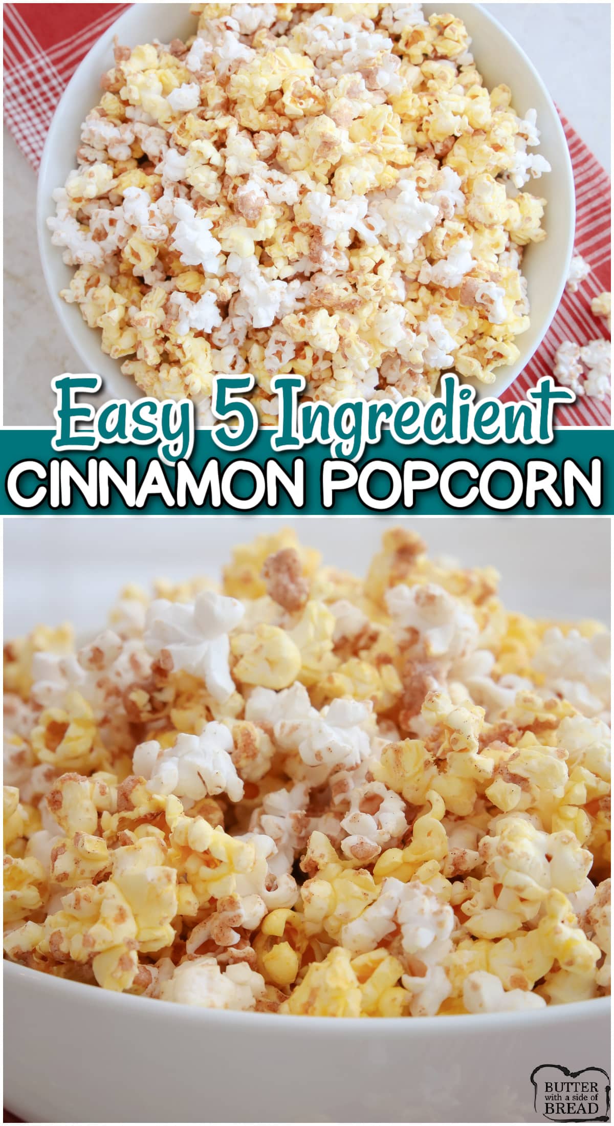 Easy homemade Cinnamon Popcorn is made with just 5 ingredients & tastes like the best kettle corn you've ever had! It's a sweet and salty popcorn with fantastic cinnamon flavor that's a perfect dessert!