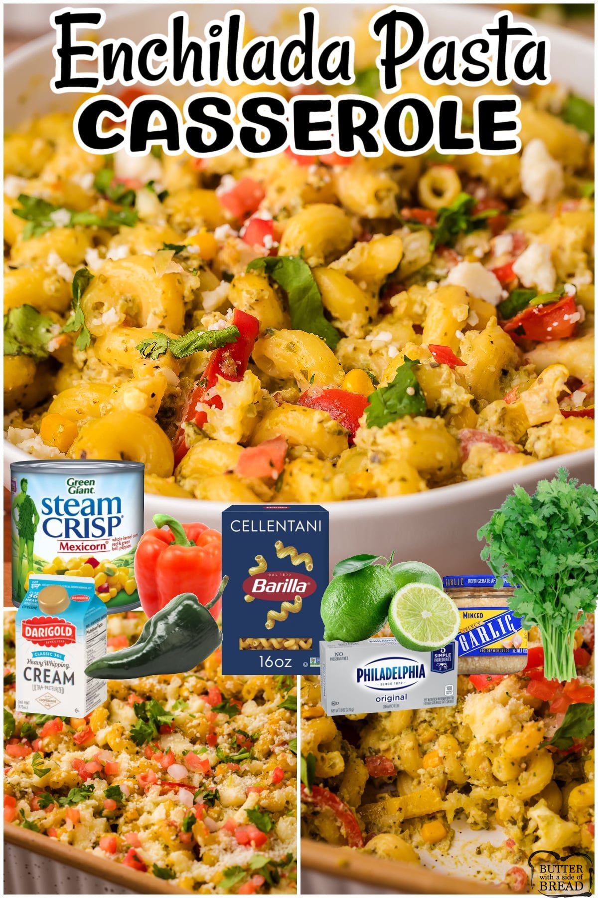 Enchilada Pasta Casserole made with pasta, peppers, corn & Pico de Gallo, topped with an incredible creamy cilantro lime sauce & baked with cheese! This pasta casserole is an amazing twist on classic enchiladas! 