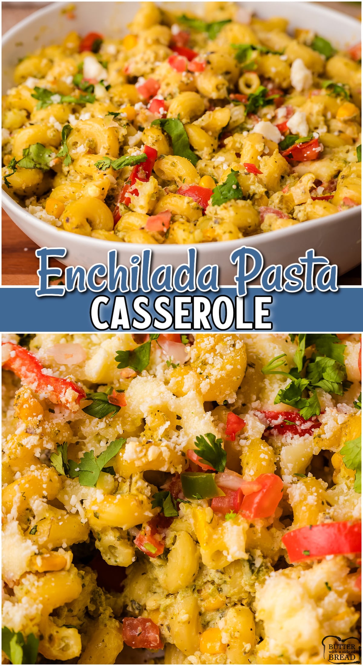 Enchilada Pasta Casserole made with pasta, peppers, corn & Pico de Gallo, topped with an incredible creamy cilantro lime sauce & baked with cheese! This pasta casserole is an amazing twist on classic enchiladas! 