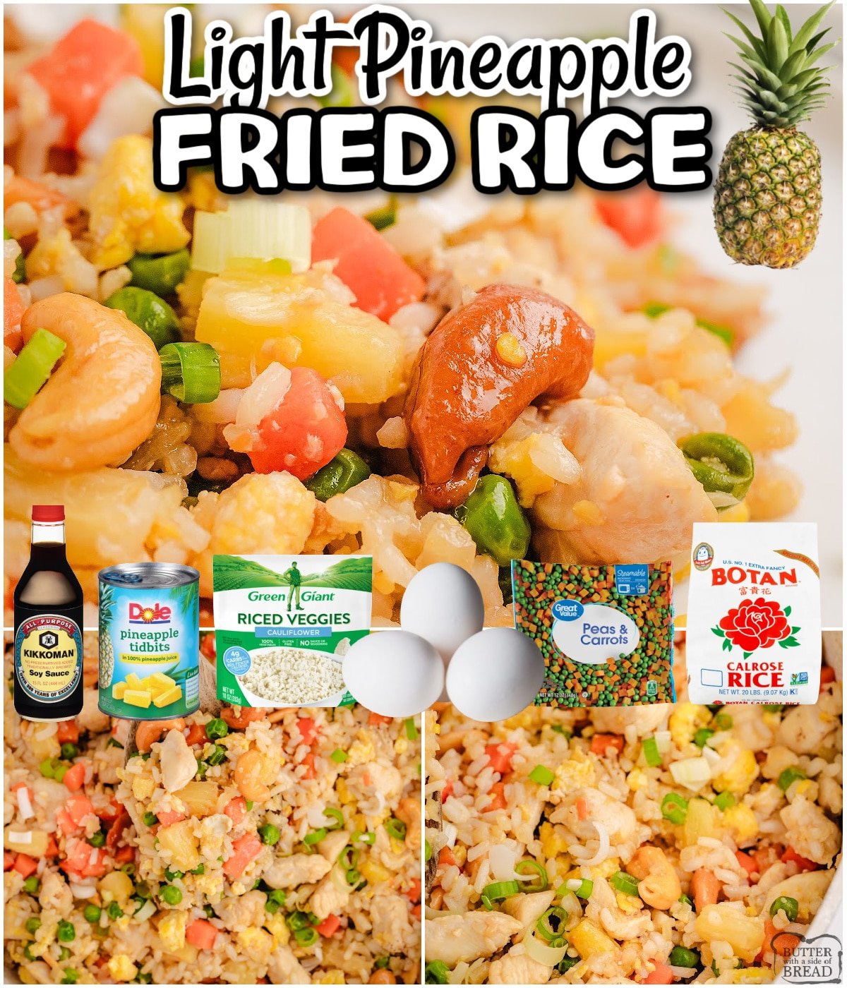 Light Pineapple Fried Rice is packed with veggies and fantastic flavor for an incredible take on traditional chicken fried rice! You'll love the bright, fresh flavor in this easy weeknight dinner! 
