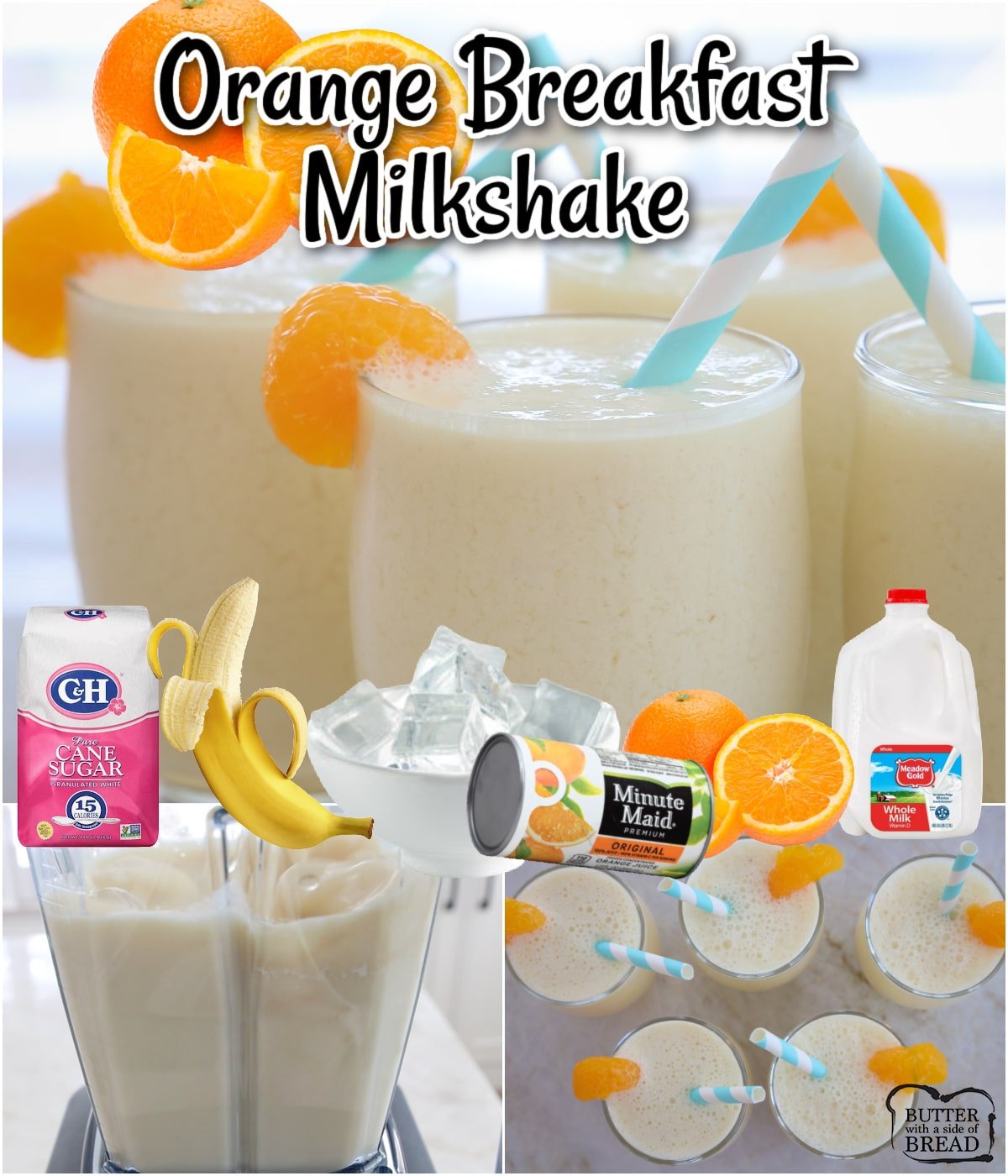 Orange Breakfast Milkshake made with orange juice concentrate, frozen banana, milk, & ice cubes; this orange banana smoothie is a great way to start the day!