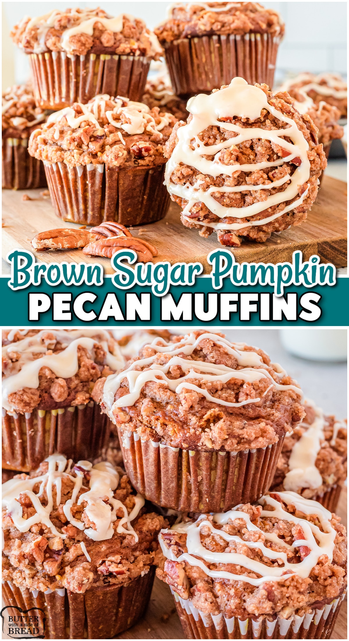 Brown Sugar Pecan Pumpkin Muffins are a delicious and easy-to-make treat perfect for Fall! These pumpkin streusel muffins are a twist on traditional pumpkin muffins, with the added crunchy streusel on top!