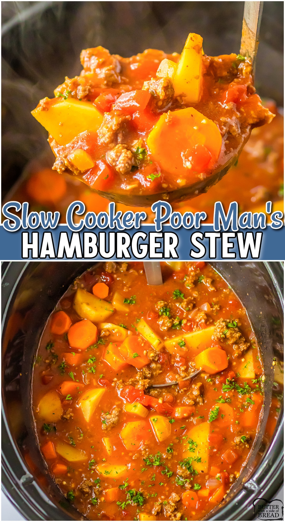 Slow Cooker Poor Man's Hamburger Stew is a hearty, delicious stew made with simple ingredients like ground beef, onions & potatoes. Comforting dinner perfect for cold nights!