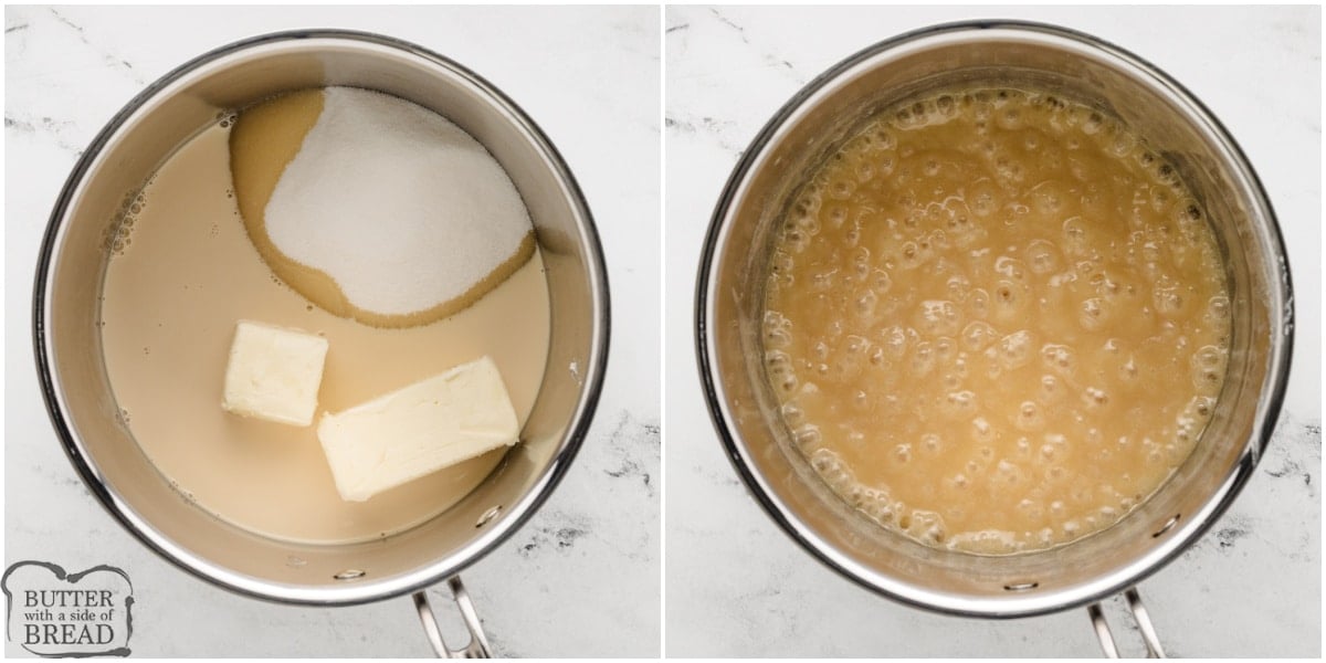 Boiling sugar, butter and milk to make fudge. 
