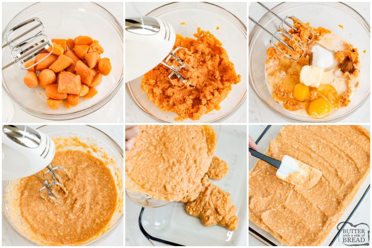 How to mix sweet potatoes with milk, butter, sugar, eggs, salt, vanilla and cinnamon. 