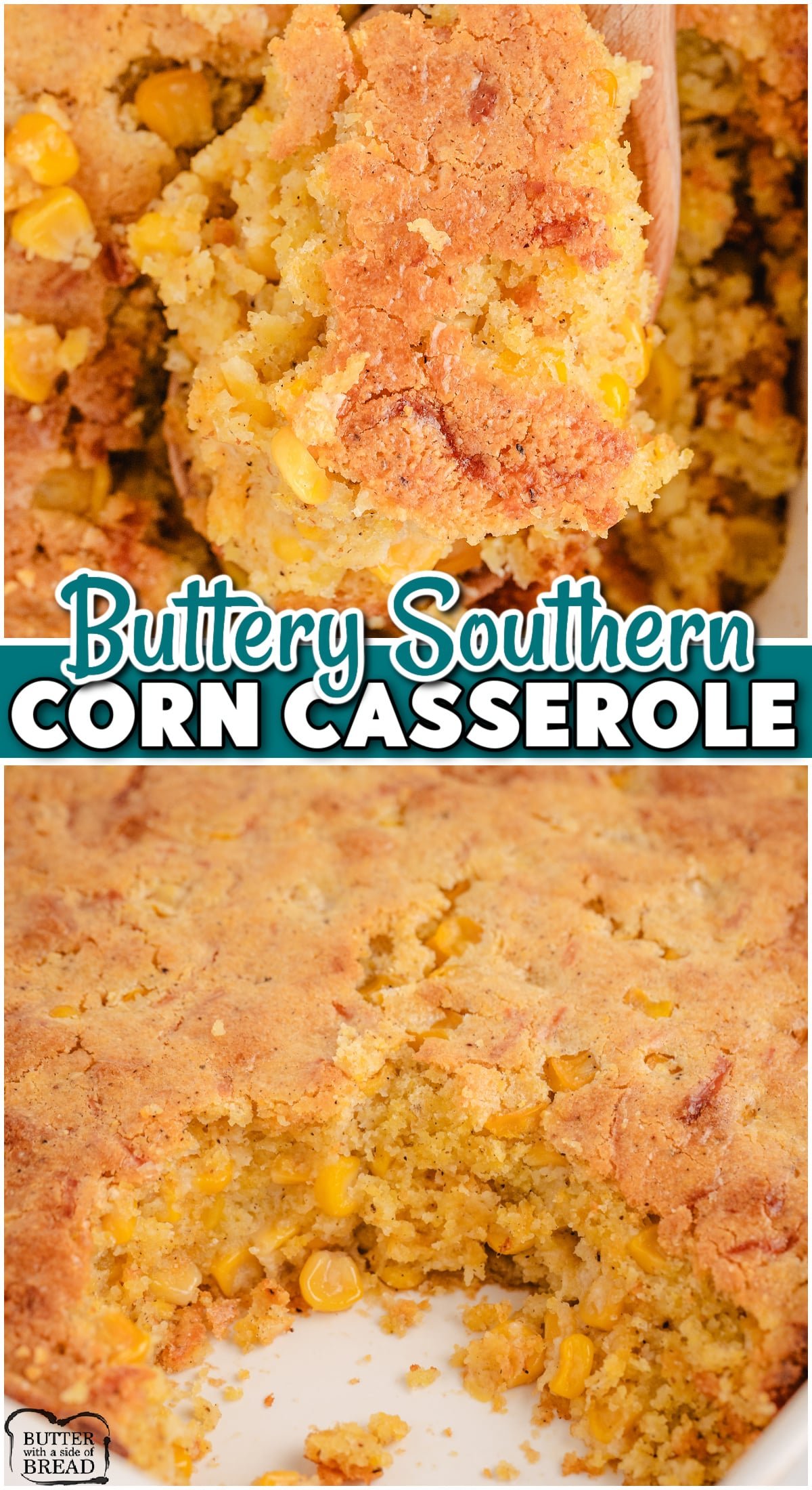 Buttery Southern Corn Casserole is made with corn, Jiffy muffin mix, butter, sour cream, & seasonings for a fantastic holiday side dish! Flavorful baked corn casserole that's easy to make!