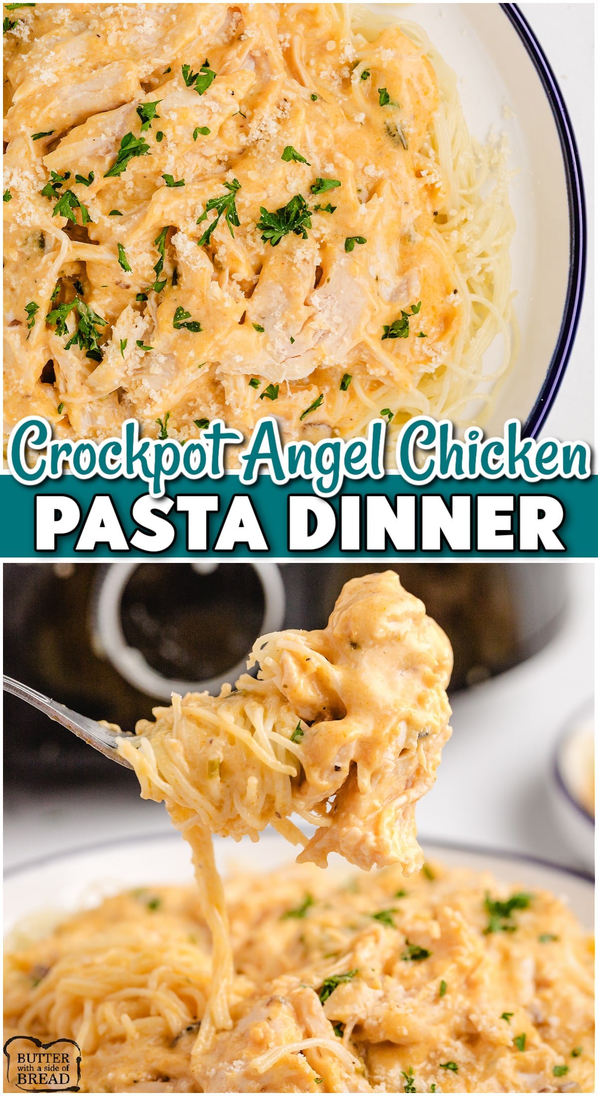 Angel Chicken Pasta is a creamy, flavorful chicken dinner that's made in the crockpot & served on Angel hair pasta. This creamy chicken pasta calls for minimal ingredients & is a simple, delicious meal!