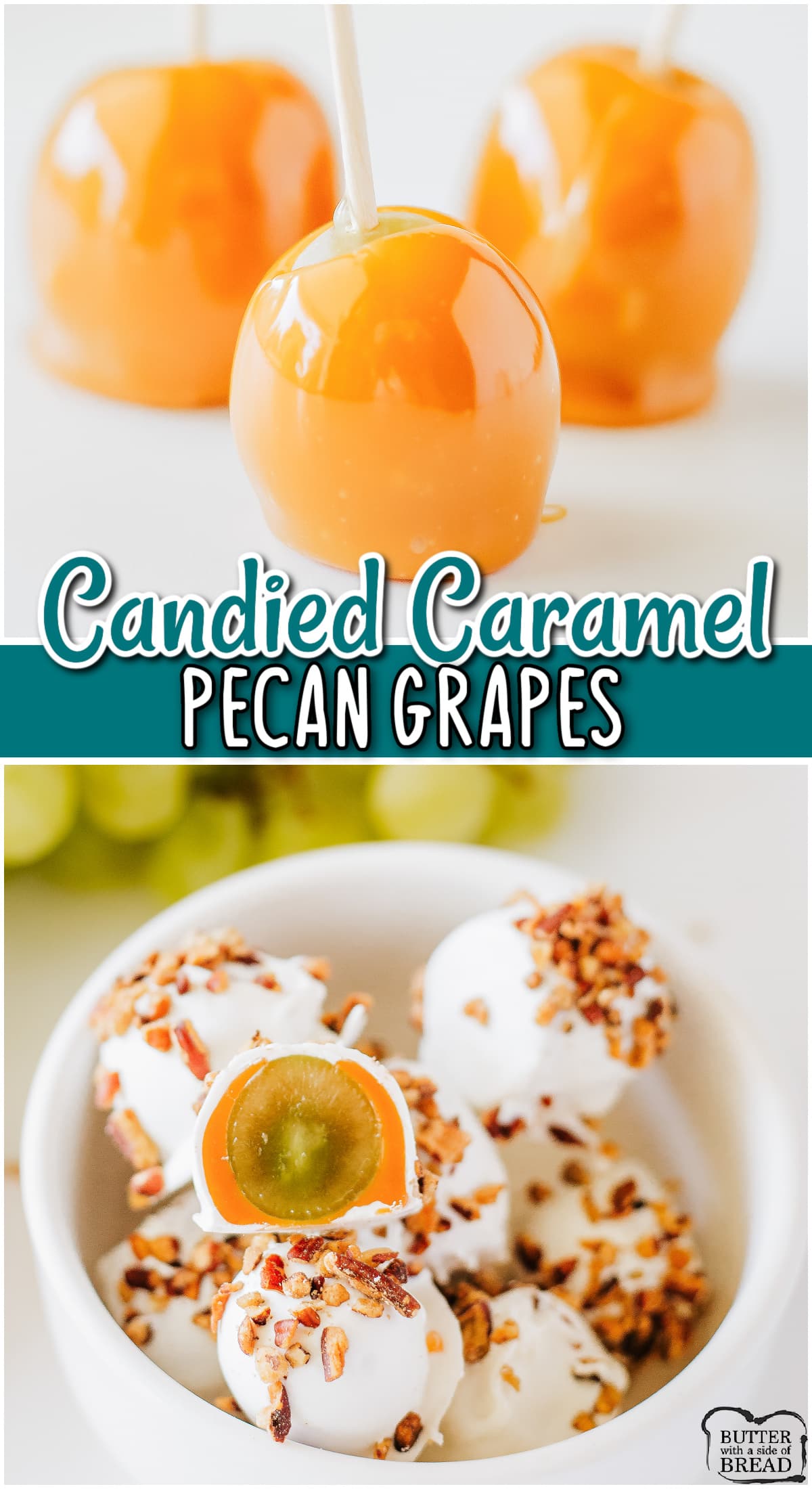 Caramel Grapes are fresh grapes dipped in melted caramel & white chocolate, then covered with pecans! Simple, decadent & utterly delicious!