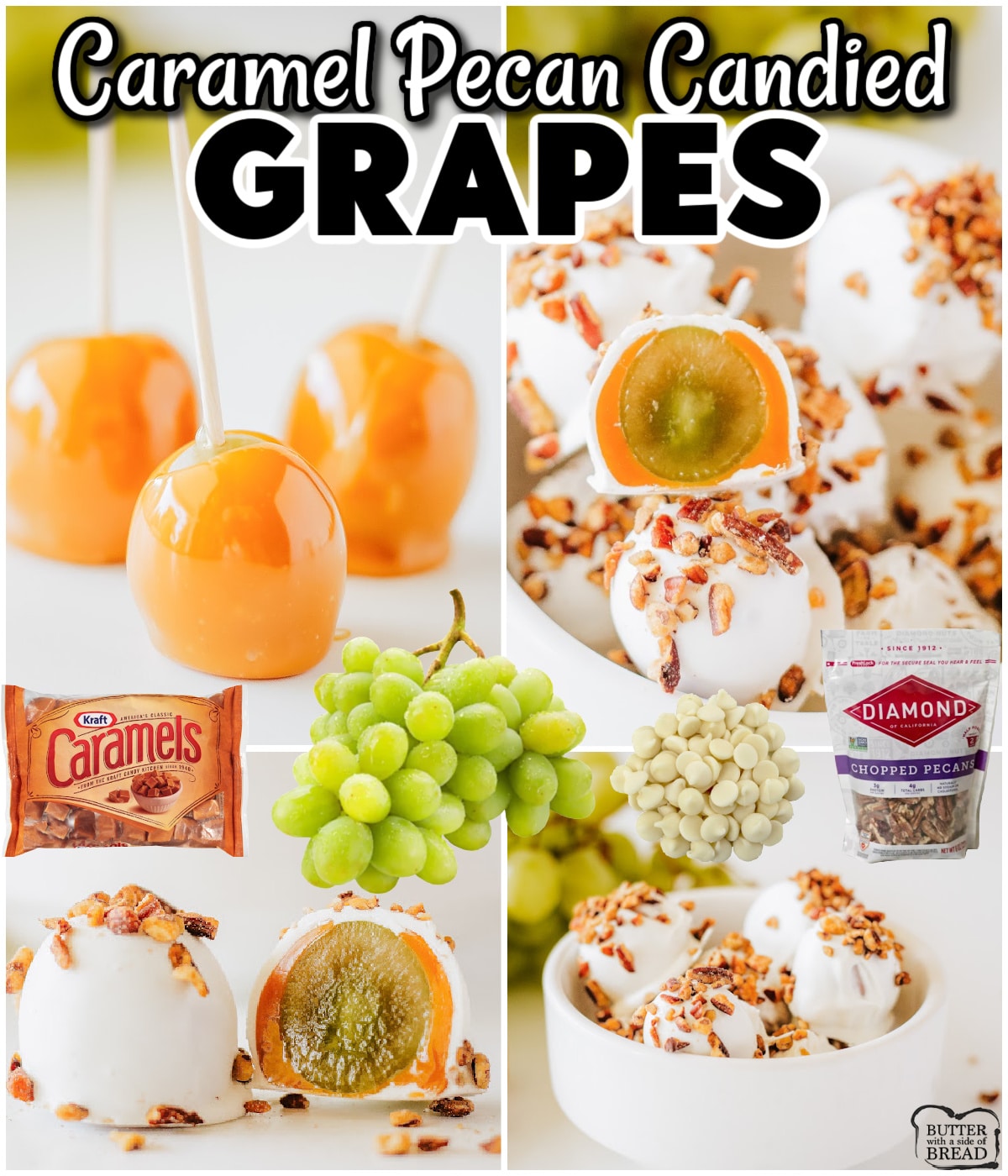 Caramel Grapes are fresh grapes dipped in melted caramel & white chocolate, then covered with pecans! Simple, decadent & utterly delicious!