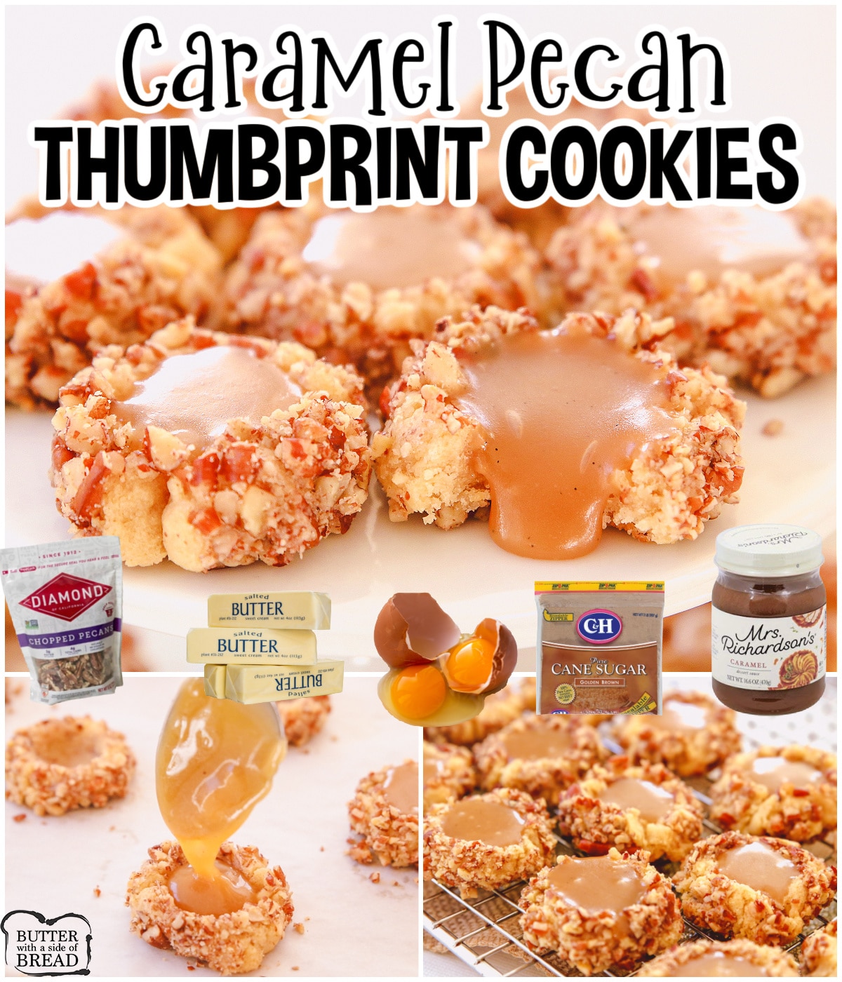 Caramel Pecan Thumbprint Cookies are buttery cookies rolled in chopped pecans, baked then filled with warm caramel! Gooey caramel thumbprint cookies perfect for holiday dessert trays!