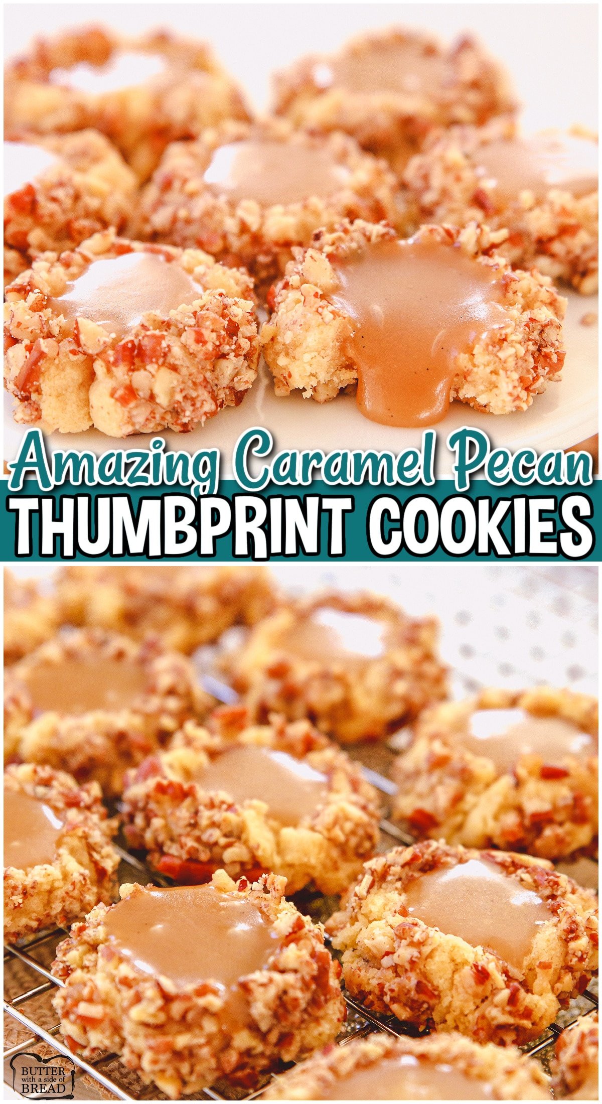 Caramel Pecan Thumbprint Cookies are buttery cookies rolled in chopped pecans, baked then filled with warm caramel! Gooey caramel thumbprint cookies perfect for holiday dessert trays!