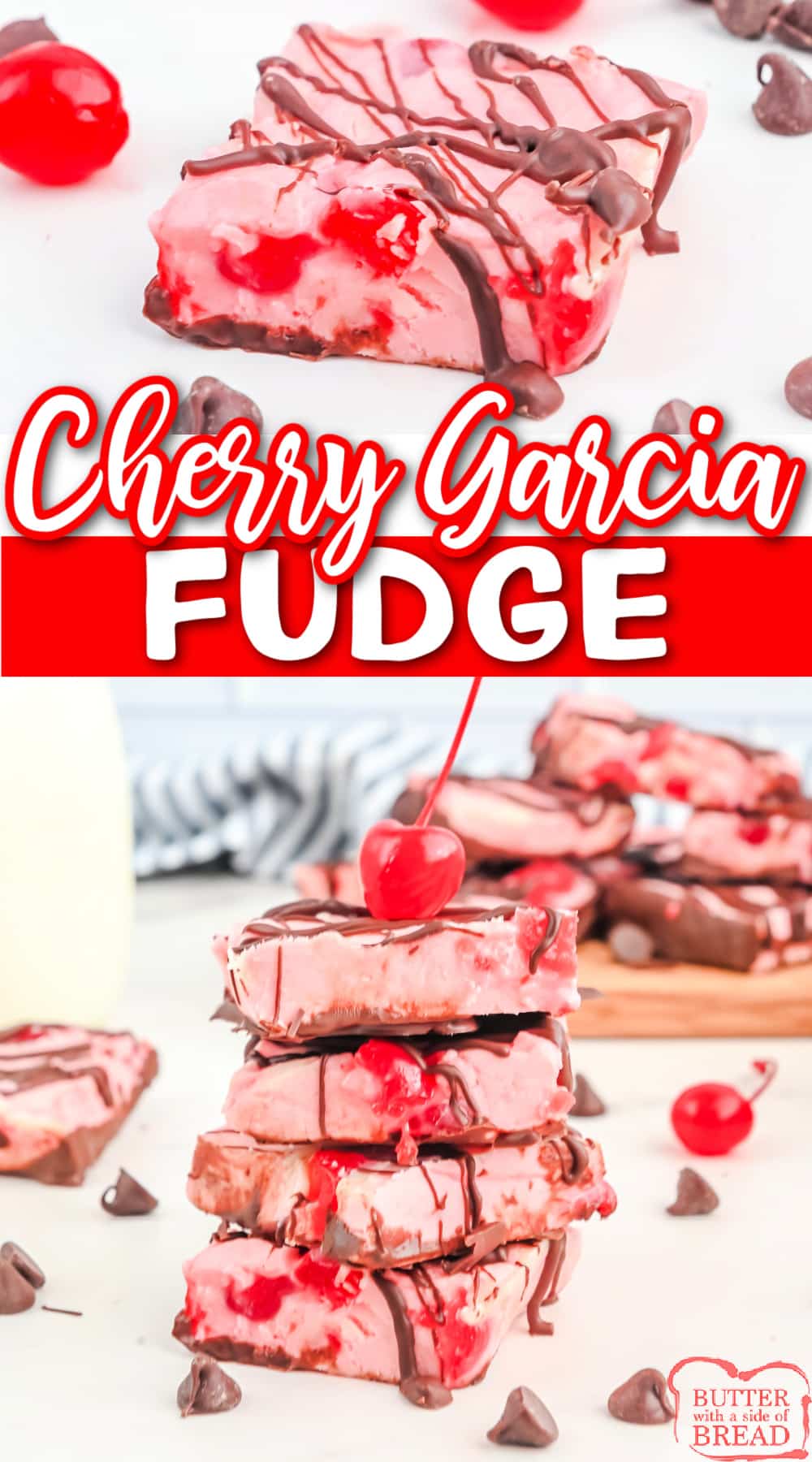 Cherry Garcia Fudge is rich, creamy and packed with cherries and chocolate! Delicious fudge recipe made with maraschino cherries, marshmallow cream, white chocolate chips and semi-sweet chocolate.