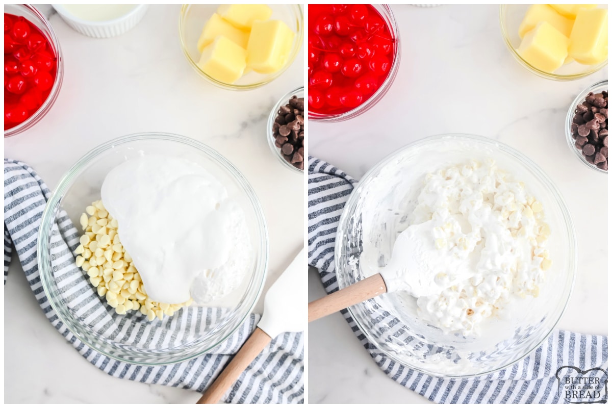 Mixing white chocolate chips and marshmallow cream together. 