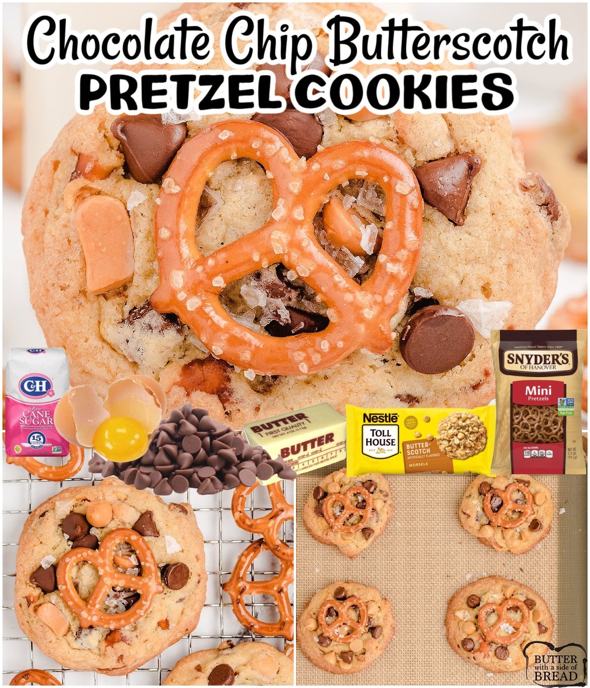 Chocolate Chip Butterscotch Pretzel Cookies are sweet & salty cookies made with pretzels, butterscotch chips, and chocolate chips!