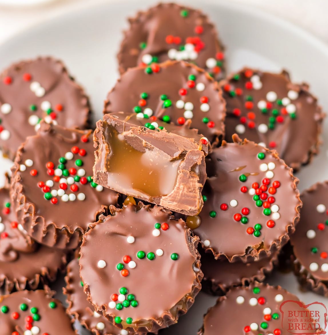Christmas Chocolate Caramel Cups are easy 4 ingredient candies with homemade caramel and chocolate topped with festive sprinkles.