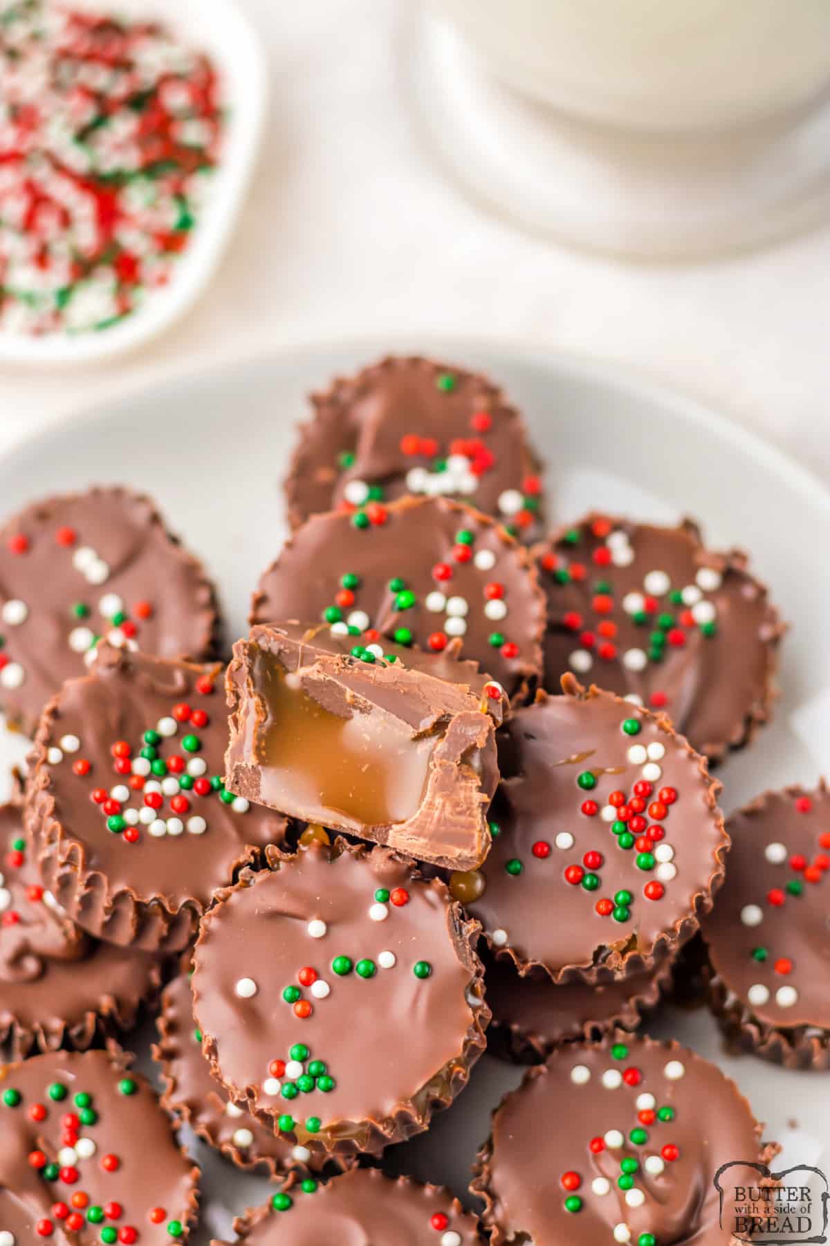 Christmas Chocolate Caramel Cups are the perfect gift or holiday treat for the season. Only 4 ingredients needed to make this easy candy recipe.
