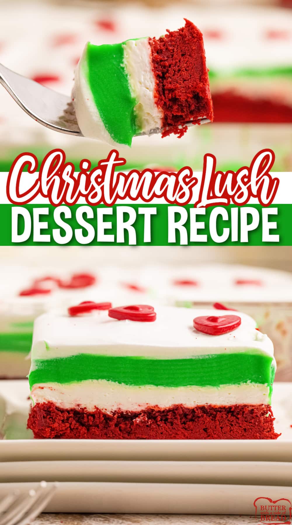 Christmas Lush Dessert is a perfectly festive dessert recipe for the holidays. Easy Christmas dessert made with a layer of red velvet cake, a sweet cream cheese layer, a creamy pudding layer and a final layer of whipped cream and sprinkles. 