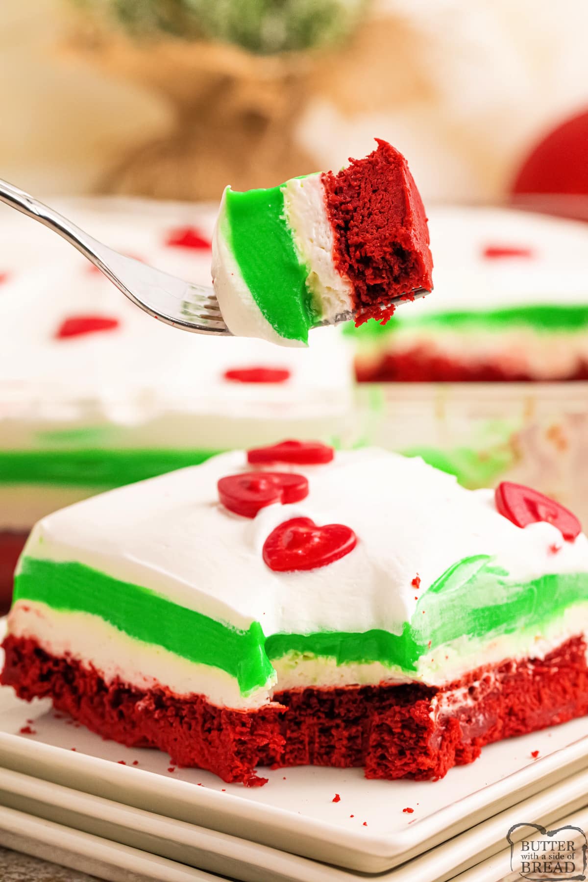 Red. white and green layered Christmas dessert recipe. 