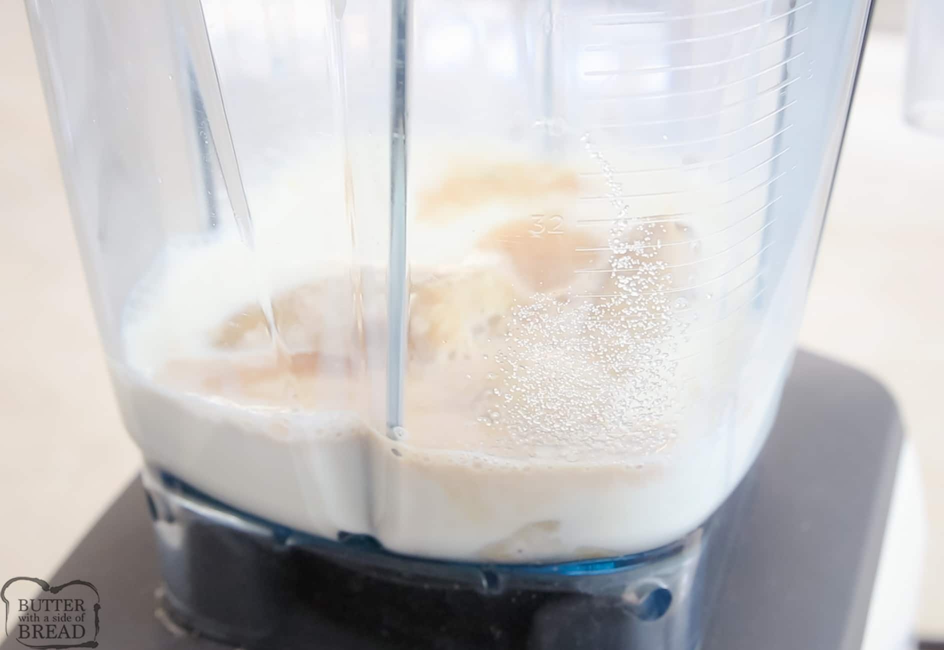 blending frozen banana into milk