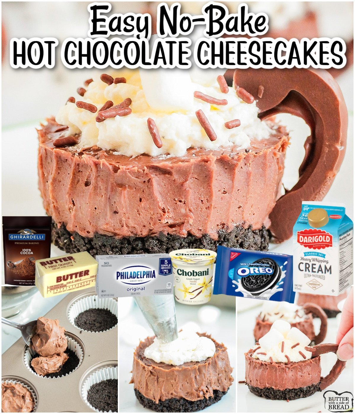 No-Bake Hot Chocolate Cheesecakes are darling mini cheesecakes shaped to look like mugs of hot cocoa! Simple recipe made with cream cheese, whipping cream, cocoa & an Oreo crust!