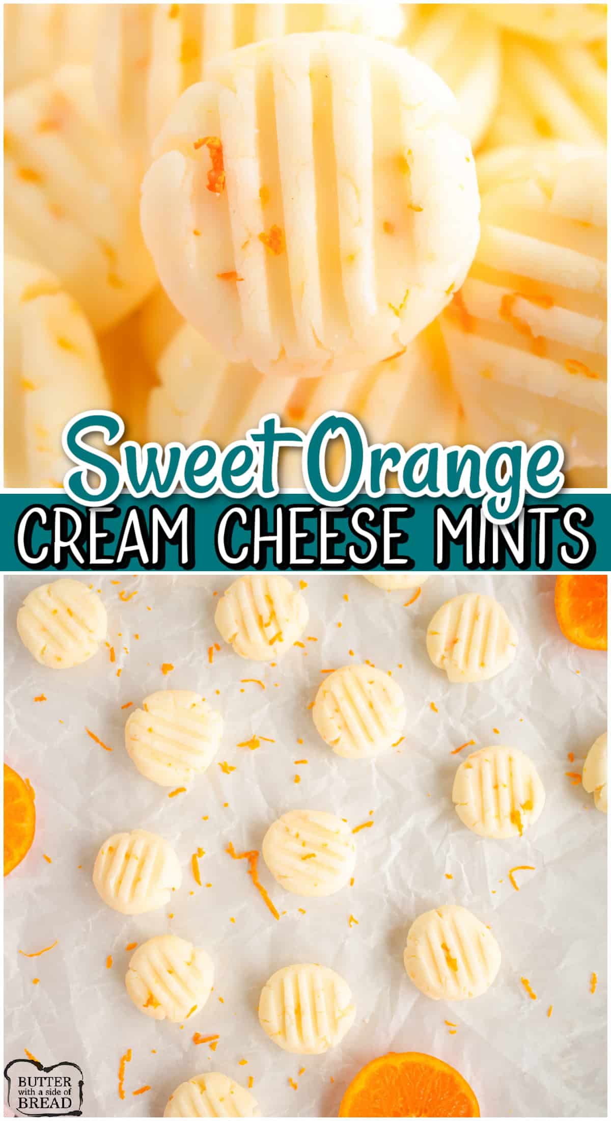 Orange Cream Cheese Mints made with 5 ingredients in just minutes! Perfect creamsicle flavored treats for parties & holiday trays!