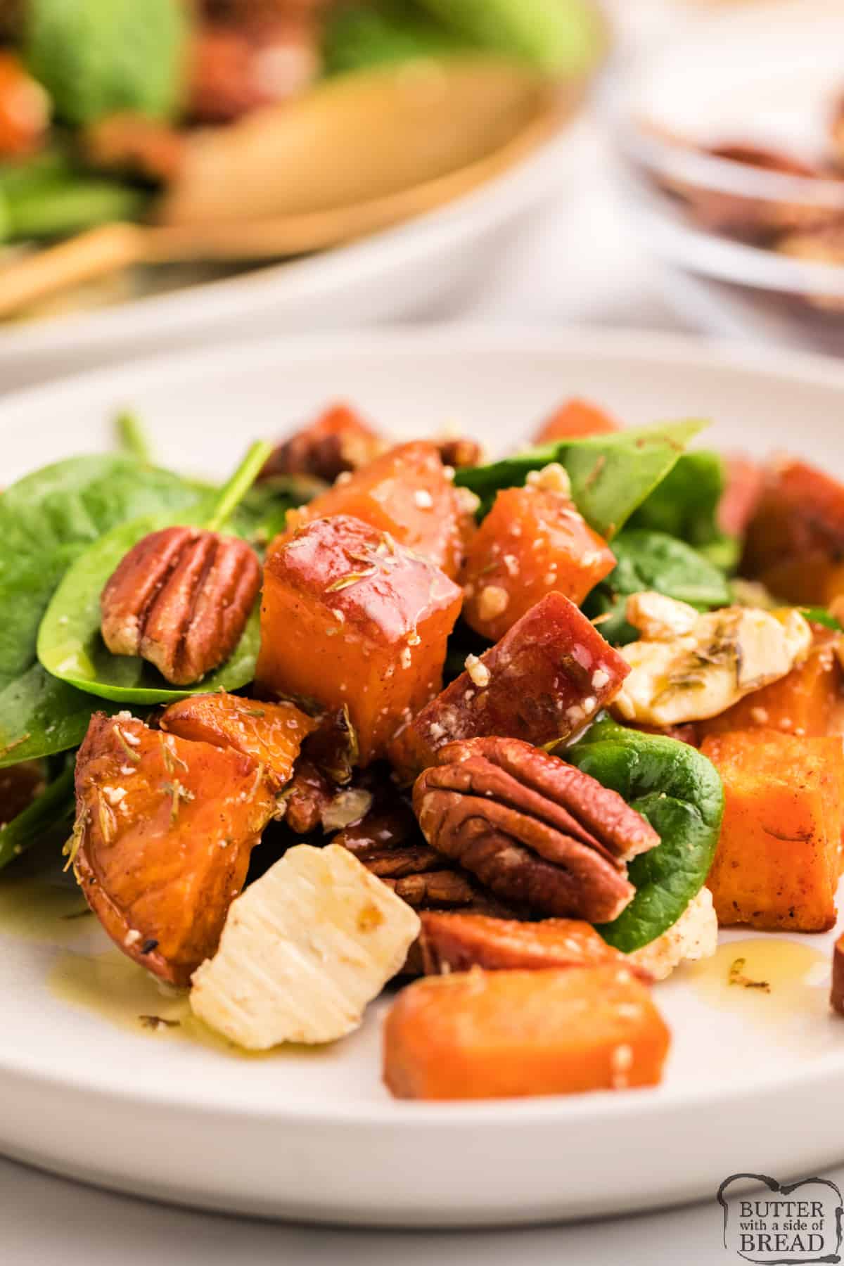 Spinach with sweet potatoes, feta and pecans. 